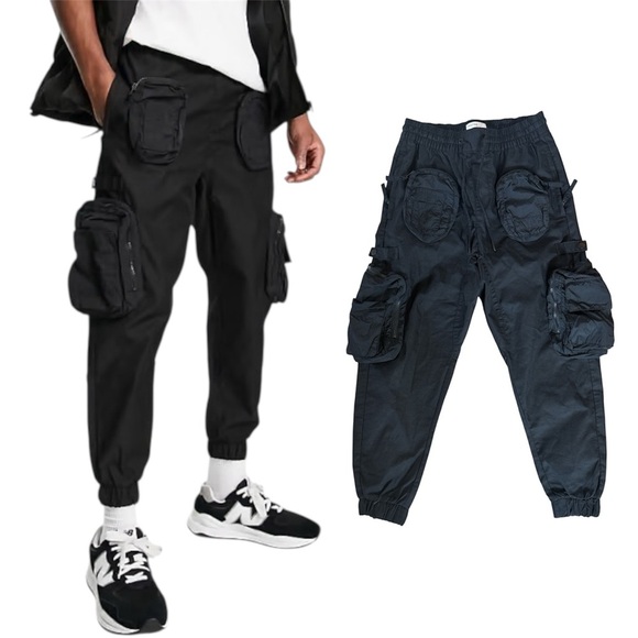 Bershka ASOS Men's Black Pocketed Elastic Cargo Pants - Picture 1 of 9